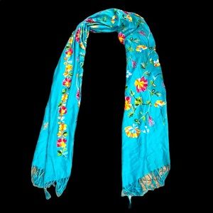 Blue Green Scarf Embroidered Flowers